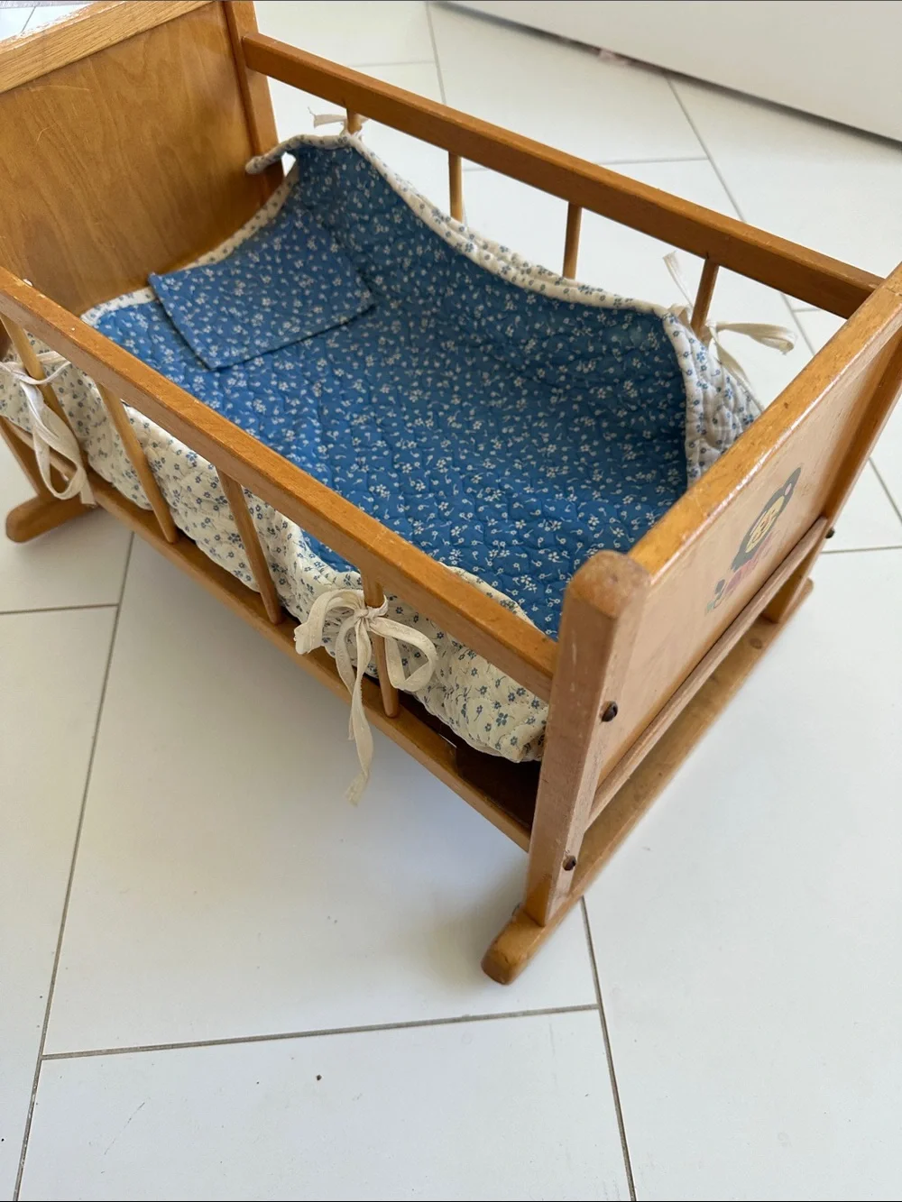 Vintage Blue Floral Crib Liner for Doll Cradle - Blue wooden